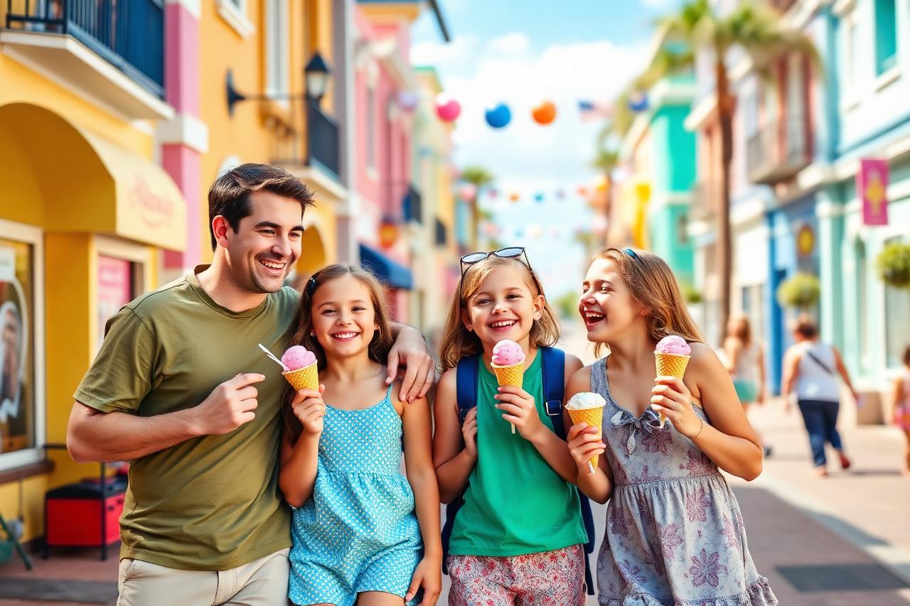 Smiling family with children holding ice creams on a colourful theme park street lined with bunting