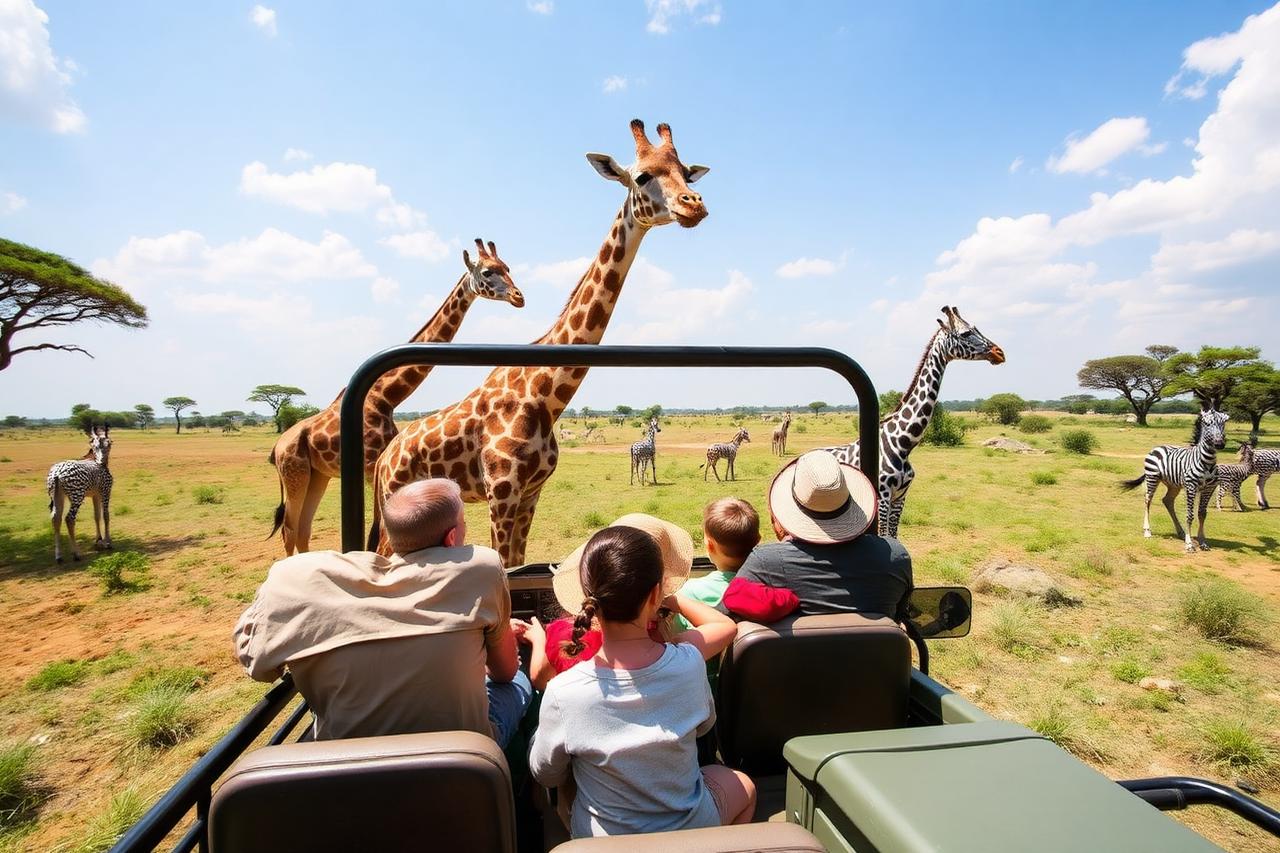 Family in an open-sided safari truck watching giraffes and zebras on a savannah reserve at a theme park