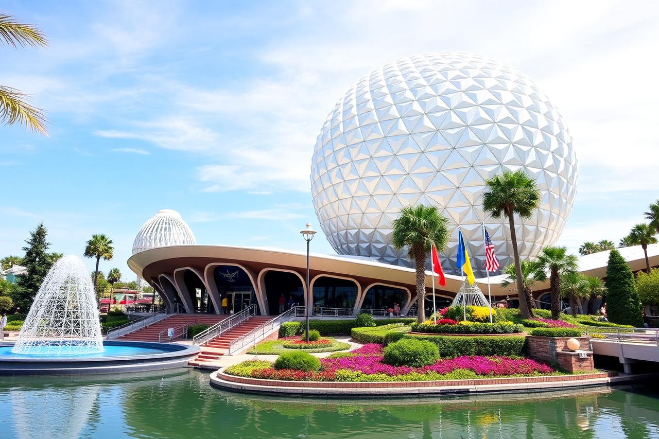 Giant silver geodesic sphere landmark beside a lagoon, fountains and flower gardens at a futuristic theme park