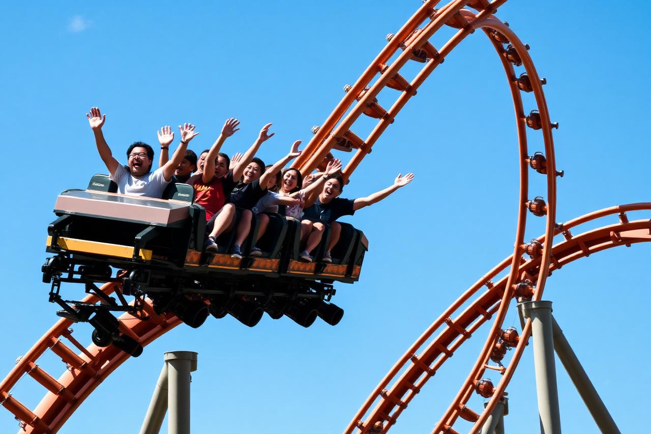 Riders with arms raised on a looping steel roller coaster against a bright blue Florida sky