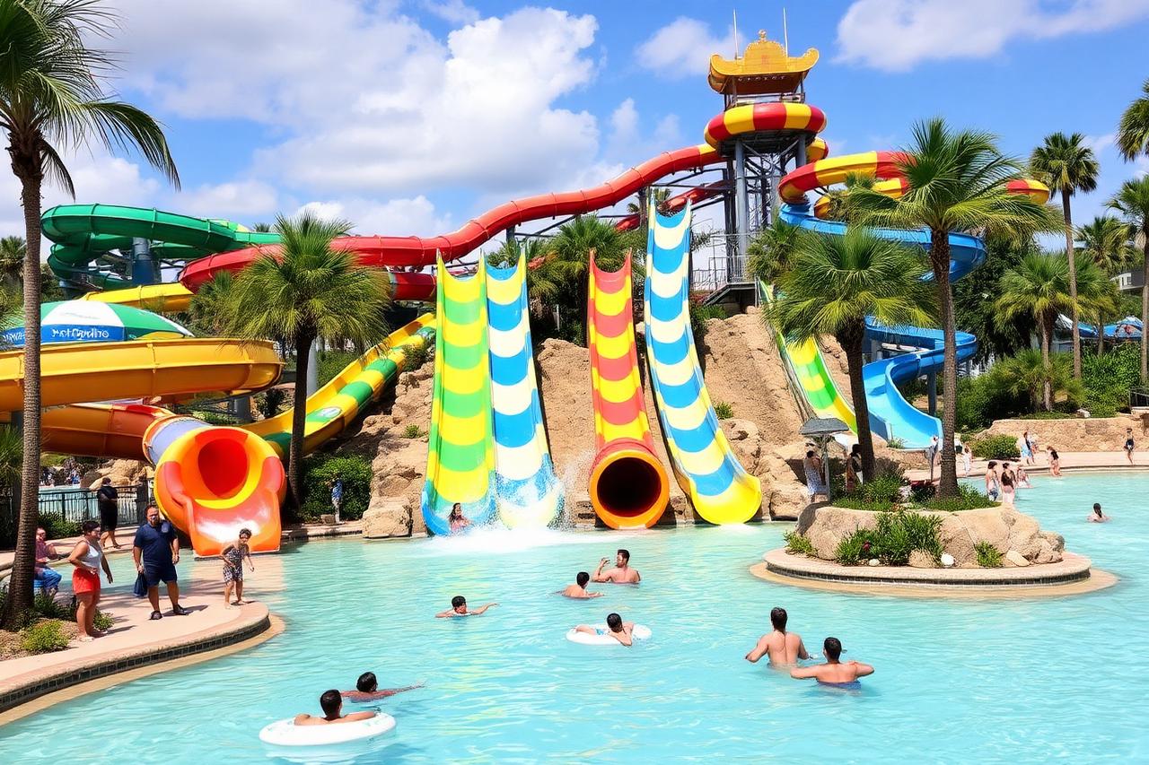 Colourful twisting water slides above a turquoise lazy river and palm trees at a tropical water park