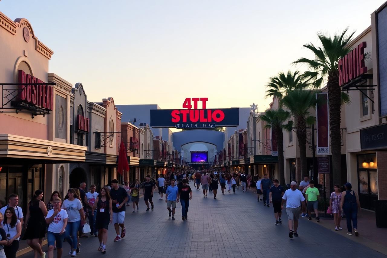 Movie studio backlot street at golden hour with film-set facades, palm trees and excited visitors