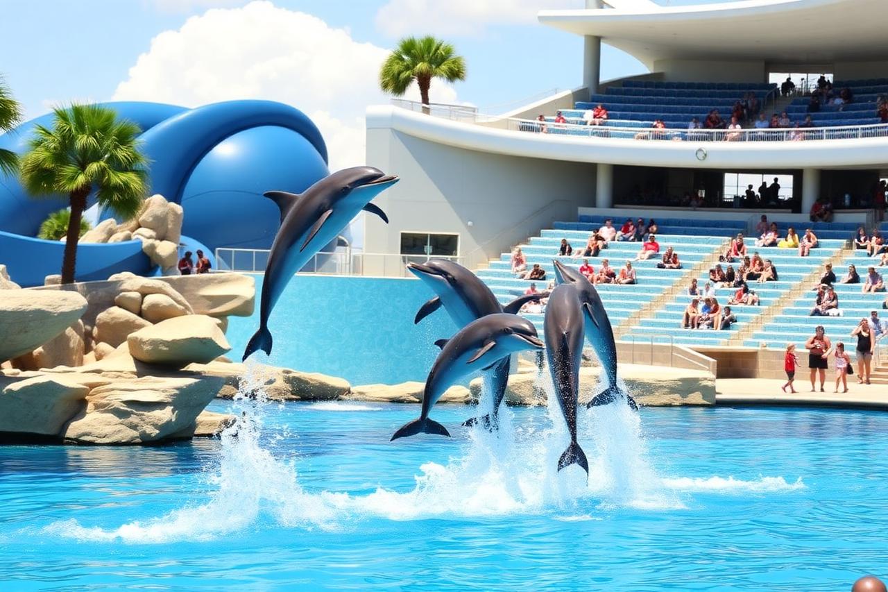Dolphins leaping from a bright blue lagoon in front of stadium seating at a Florida marine park