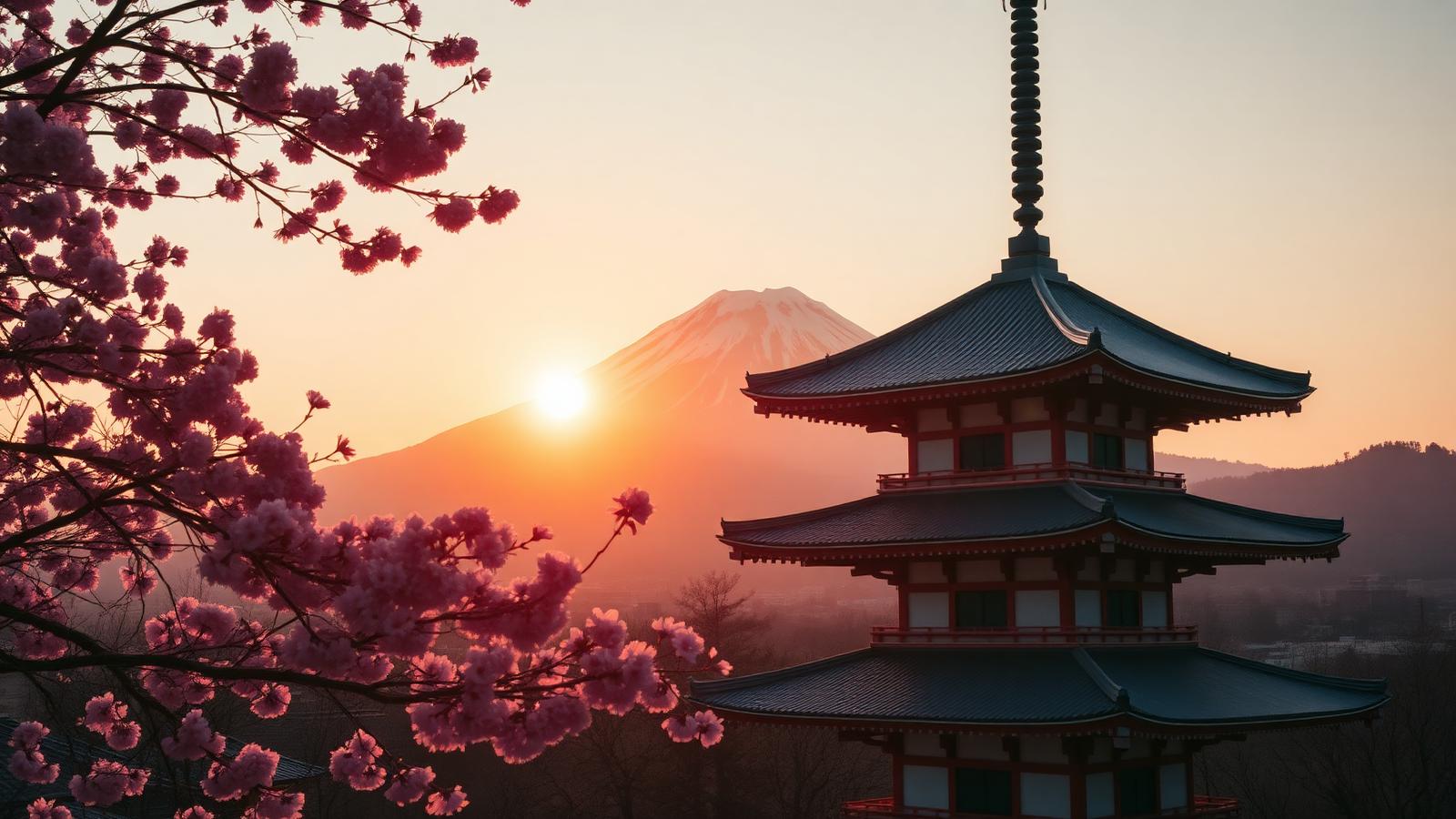 Mount Fuji glowing at sunrise behind a red and white Japanese pagoda framed by pink cherry blossom branches